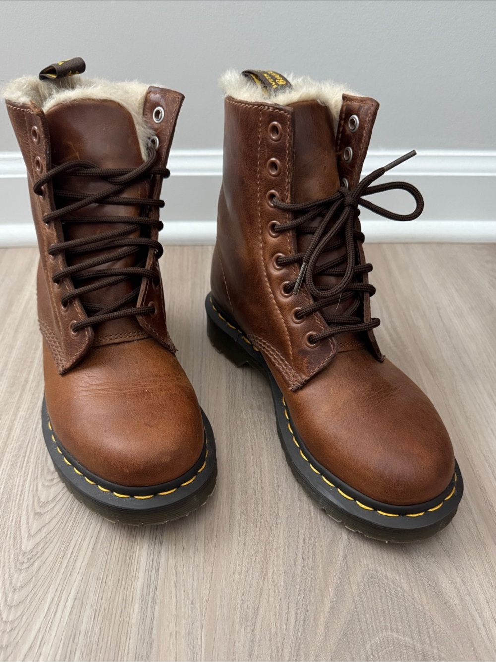 Dr. Martens Brown Leather Lace-Up Fur Collar Boots